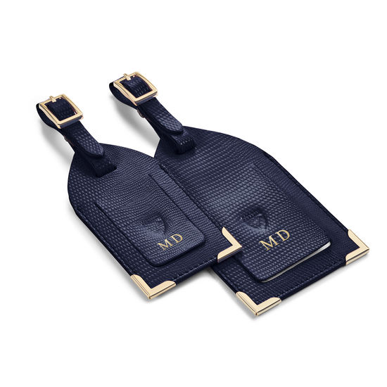 Set of 2 Luggage Tags in Midnight Blue Silk Lizard from Aspinal of London