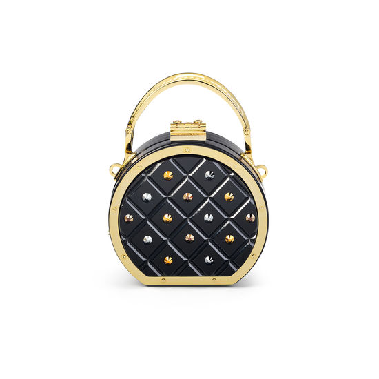 Micro Hat Box in Diamond Cut Black Acrylic with Jet Crystals from Aspinal of London