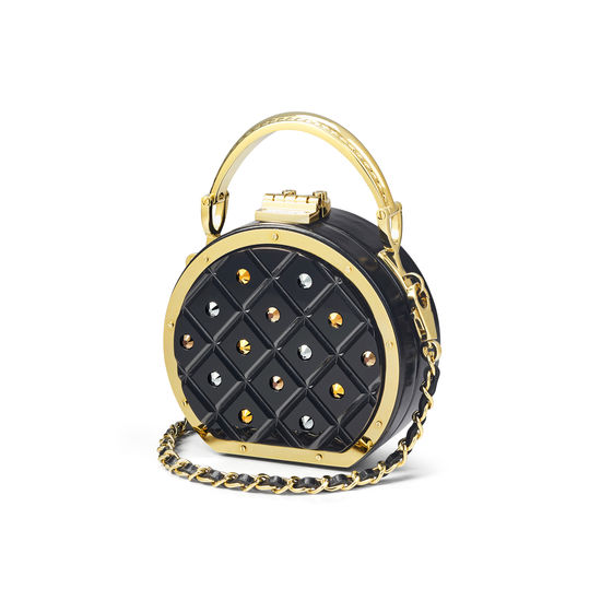 Micro Hat Box in Diamond Cut Black Acrylic with Jet Crystals from Aspinal of London