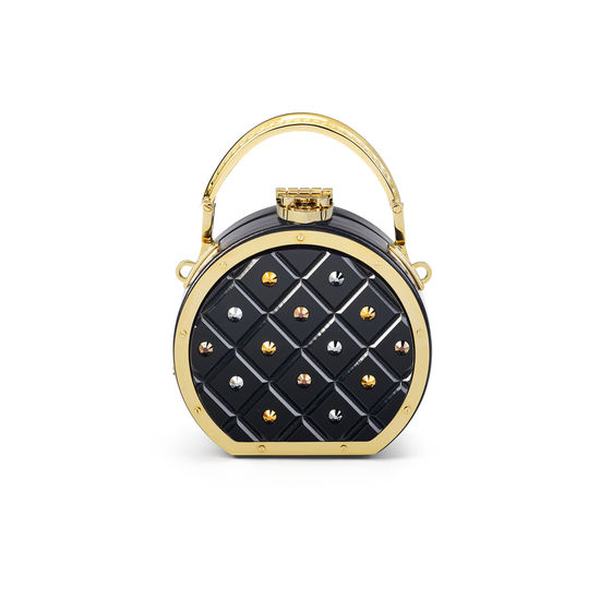 Micro Hat Box in Diamond Cut Black Acrylic with Jet Crystals from Aspinal of London