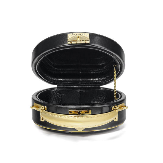 Micro Hat Box in Diamond Cut Black Acrylic with Jet Crystals from Aspinal of London