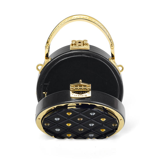 Micro Hat Box in Diamond Cut Black Acrylic with Jet Crystals from Aspinal of London