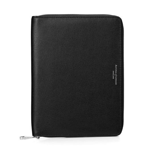 A5 Zipped Padfolio in Black Saffiano & Cobalt Blue Suede from Aspinal of London