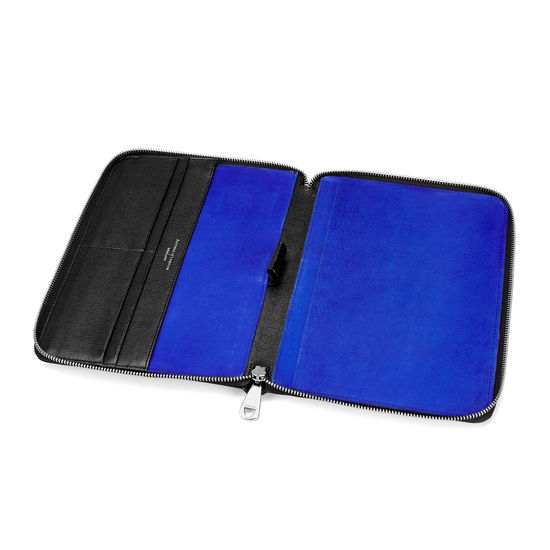 A5 Zipped Padfolio in Black Saffiano & Cobalt Blue Suede from Aspinal of London