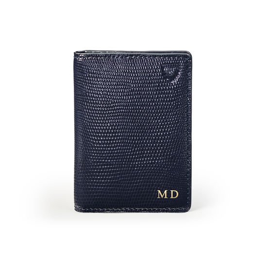 Double Fold Credit Card Holder in Midnight Blue Silk Lizard from Aspinal of London