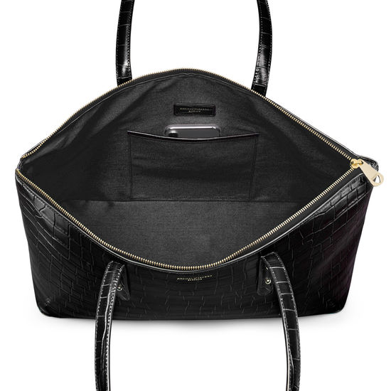 Zipped Regent Tote in Deep Shine Black Croc from Aspinal of London