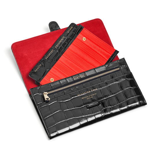 Travel Wallet with Removable Inserts in Deep Shine Black Croc from Aspinal of London