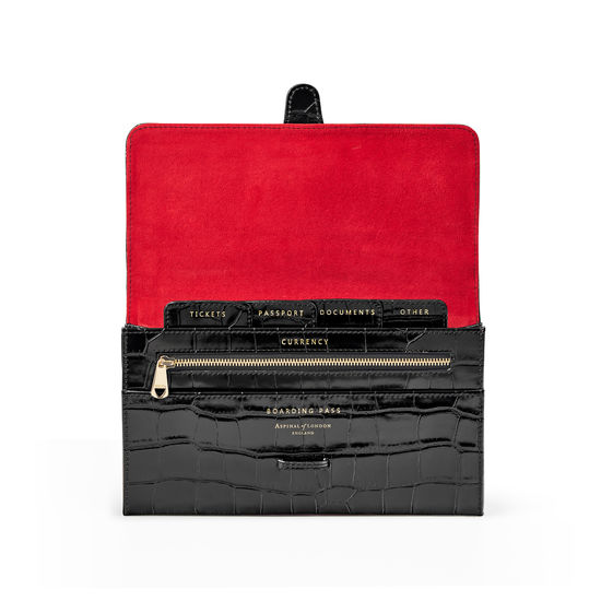 Travel Wallet with Removable Inserts in Deep Shine Black Croc from Aspinal of London