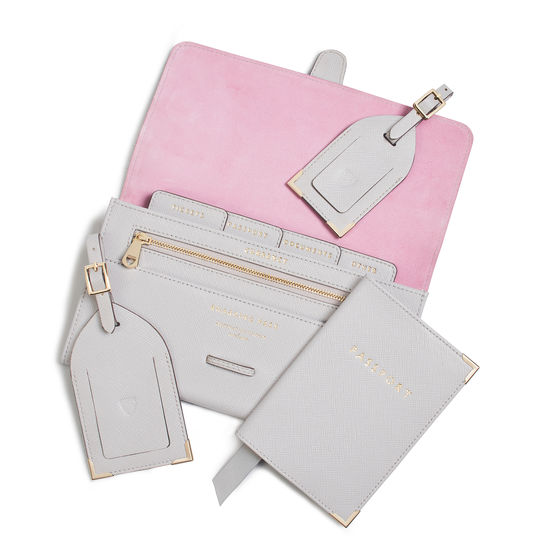 Travel Collection with Removable Inserts in Light Grey Saffiano from Aspinal of London