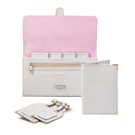Travel Collection with Removable Inserts in Light Grey Saffiano from Aspinal of London