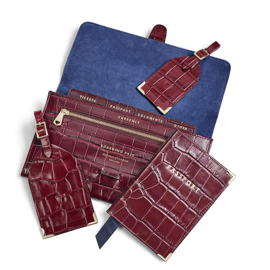 Travel Collection with Removable Inserts in Deep Shine Bordeaux Croc from Aspinal of London