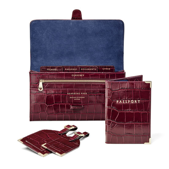 Travel Collection with Removable Inserts in Deep Shine Bordeaux Croc from Aspinal of London