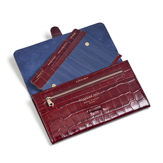 Travel Collection with Removable Inserts in Deep Shine Bordeaux Croc from Aspinal of London