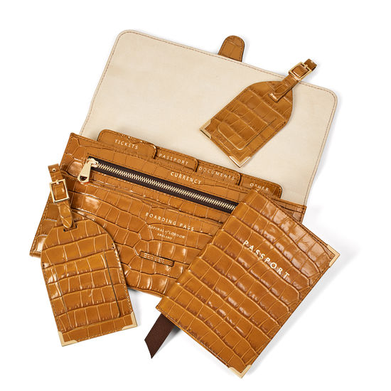 Travel Collection with Removable Inserts in Deep Shine Vintage Tan Small Croc from Aspinal of London