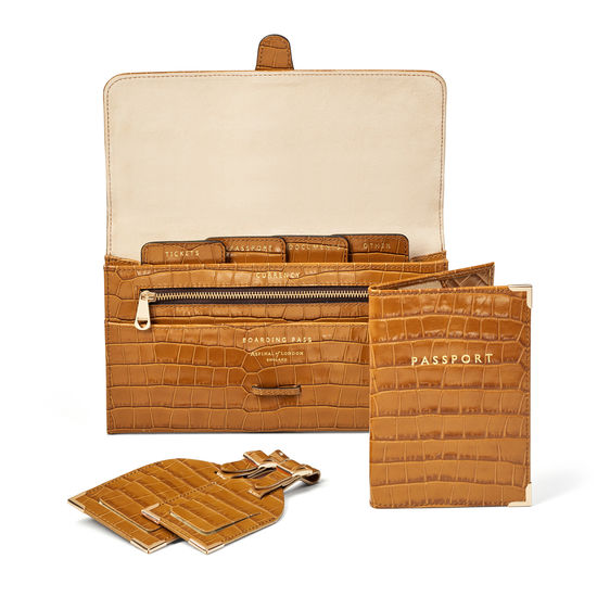 Travel Collection with Removable Inserts in Deep Shine Vintage Tan Small Croc from Aspinal of London
