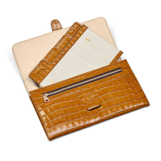 Travel Collection with Removable Inserts in Deep Shine Vintage Tan Small Croc from Aspinal of London