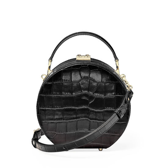 Hat Box in Deep Shine Black Croc with Narrow Strap from Aspinal of London