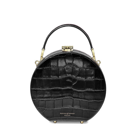 Hat Box in Deep Shine Black Croc with Narrow Strap from Aspinal of London