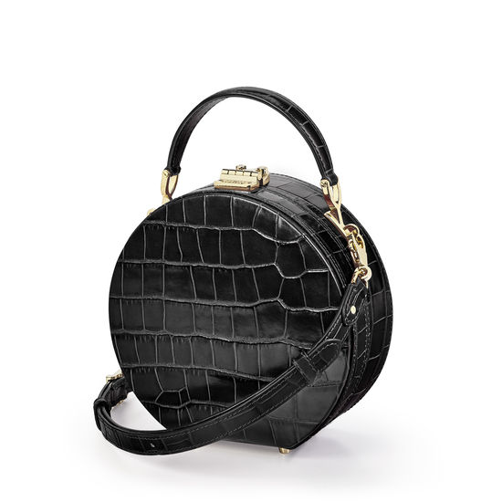 Hat Box in Deep Shine Black Croc with Narrow Strap from Aspinal of London