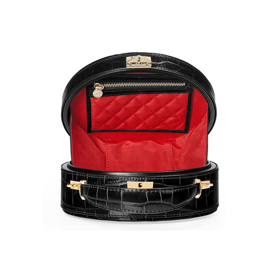 Hat Box in Deep Shine Black Croc with Narrow Strap from Aspinal of London