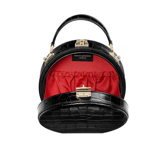 Hat Box in Deep Shine Black Croc with Narrow Strap from Aspinal of London