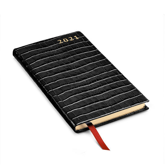 Slim Pocket Leather Diary in Deep Shine Black Small Croc from Aspinal of London