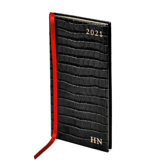 Slim Pocket Leather Diary in Deep Shine Black Small Croc from Aspinal of London