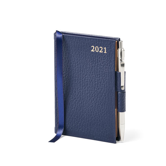 Mini Pocket Leather Diary with Pen in Navy Pebble from Aspinal of London