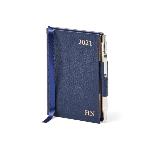 Mini Pocket Leather Diary with Pen in Navy Pebble from Aspinal of London