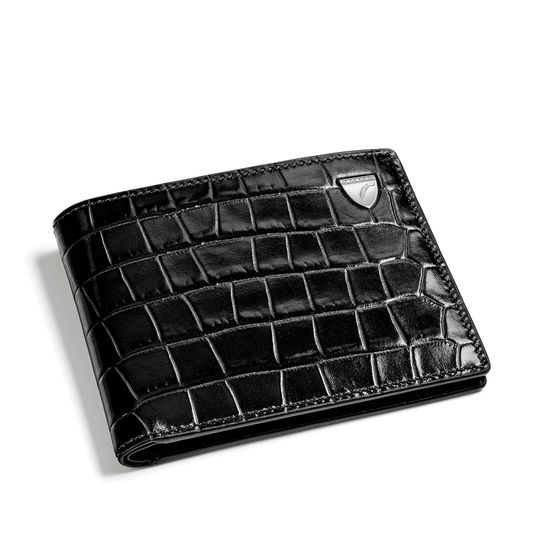 6 Card Billfold Wallet in Deep Shine Black Small Croc from Aspinal of London