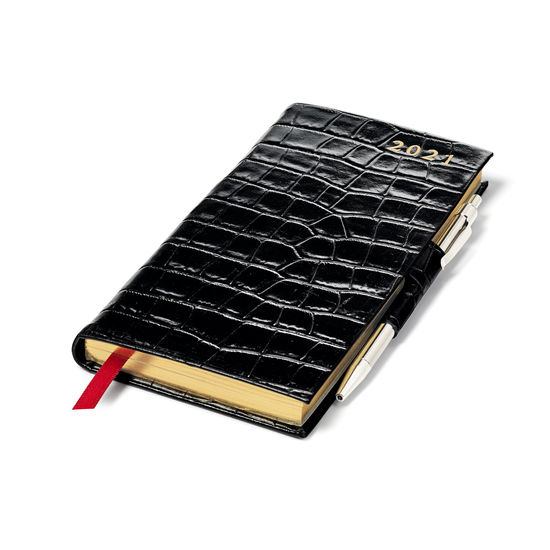 Slim Pocket Leather Diary with Pen in Deep Shine Black Small Croc from Aspinal of London