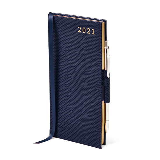 Slim Pocket Leather Diary with Pen in Midnight Blue Lizard from Aspinal of London