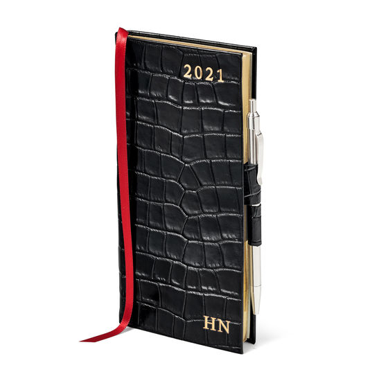 Slim Pocket Leather Diary with Pen in Deep Shine Black Small Croc from Aspinal of London