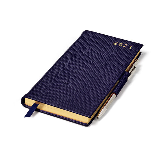 Slim Pocket Leather Diary with Pen in Midnight Blue Lizard from Aspinal of London
