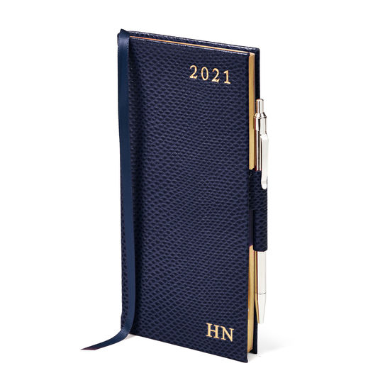 Slim Pocket Leather Diary with Pen in Midnight Blue Lizard from Aspinal of London