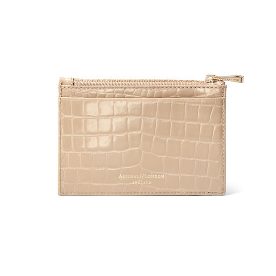 Double Sided Zipped Card & Coin Holder in Soft Taupe Patent Croc from Aspinal of London