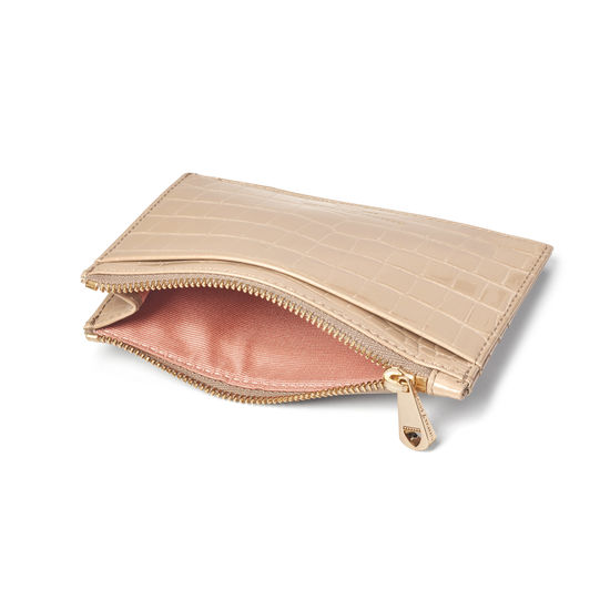 Double Sided Zipped Card & Coin Holder in Soft Taupe Patent Croc from Aspinal of London