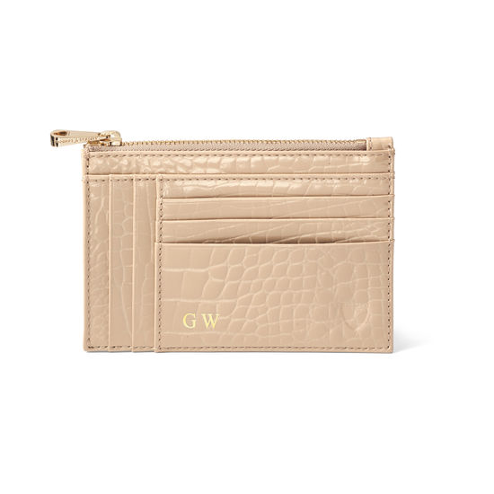 Double Sided Zipped Card & Coin Holder in Soft Taupe Patent Croc from Aspinal of London