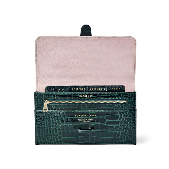 Travel Wallet with Removable Inserts in Evergreen Patent Croc from Aspinal of London