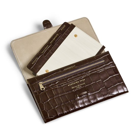 Travel Wallet with Removable Inserts in Deep Shine Amazon Brown Croc from Aspinal of London