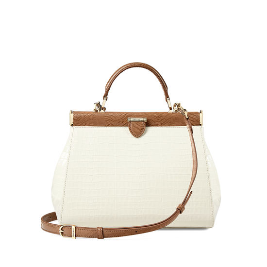 Small Florence Frame Bag in Deep Shine Ivory Small Croc & Camel Lizard from Aspinal of London