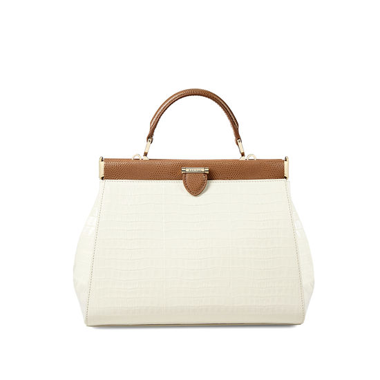Small Florence Frame Bag in Deep Shine Ivory Small Croc & Camel Lizard from Aspinal of London