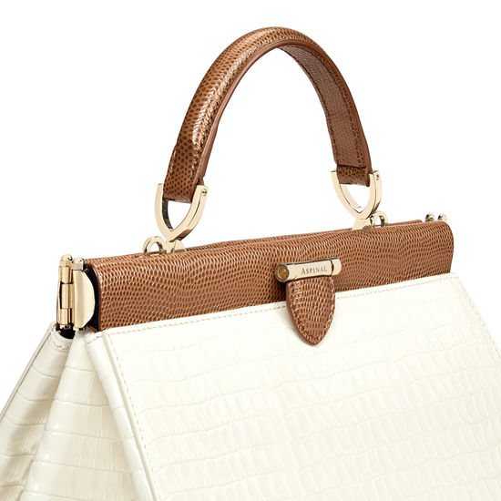 Small Florence Frame Bag in Deep Shine Ivory Small Croc & Camel Lizard from Aspinal of London