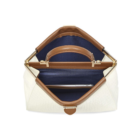 Small Florence Frame Bag in Deep Shine Ivory Small Croc & Camel Lizard from Aspinal of London