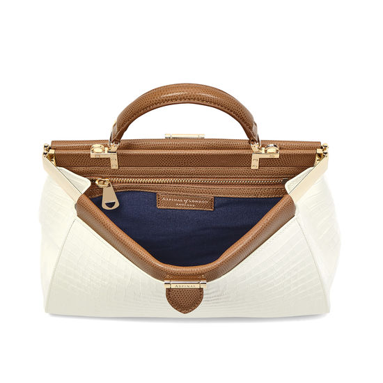 Small Florence Frame Bag in Deep Shine Ivory Small Croc & Camel Lizard from Aspinal of London