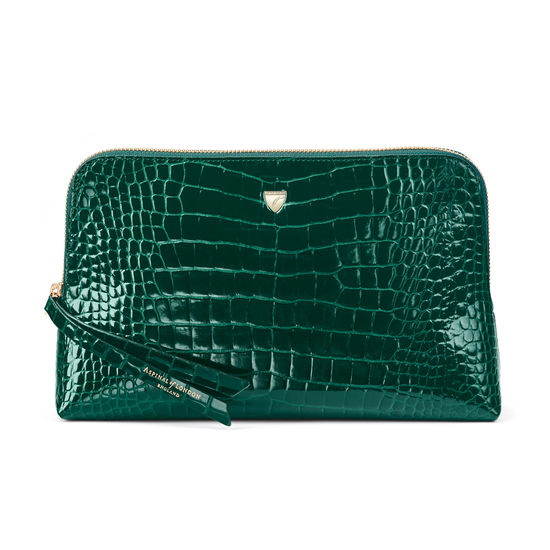 Large Essential Cosmetic Case in Evergreen Patent Croc from Aspinal of London