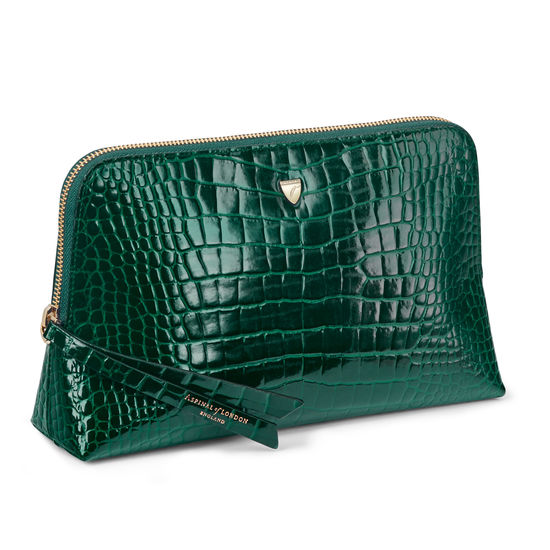 Large Essential Cosmetic Case in Evergreen Patent Croc from Aspinal of London