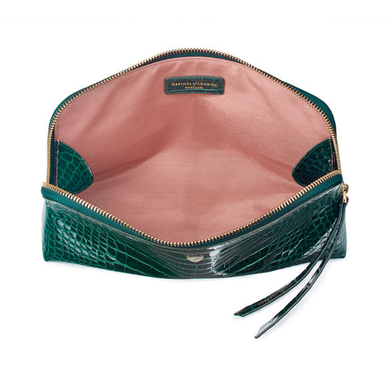 Large Essential Cosmetic Case in Evergreen Patent Croc from Aspinal of London