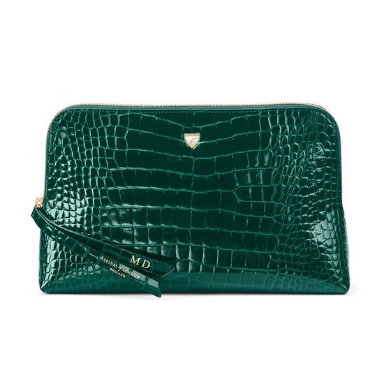 Large Essential Cosmetic Case in Evergreen Patent Croc from Aspinal of London