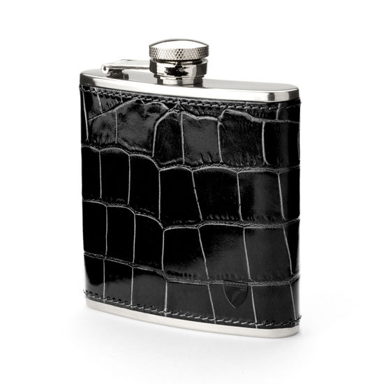 Classic 5oz Leather Hip Flask in Deep Shine Black Croc from Aspinal of London